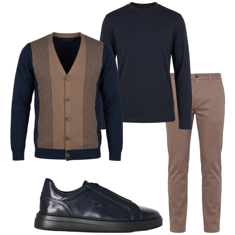 Outfit uomo - Harmont &Blaine. Stile Urban per Ufficio. Abbinamento con sneakers, cardigans, pantaloni, t-shirt.