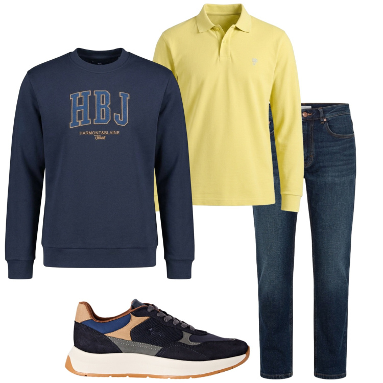 Outfit uomo - Harmont &Blaine. Stile Casual per Tutti i giorni. Abbinamento con sneakers, polo, felpe, jeans.