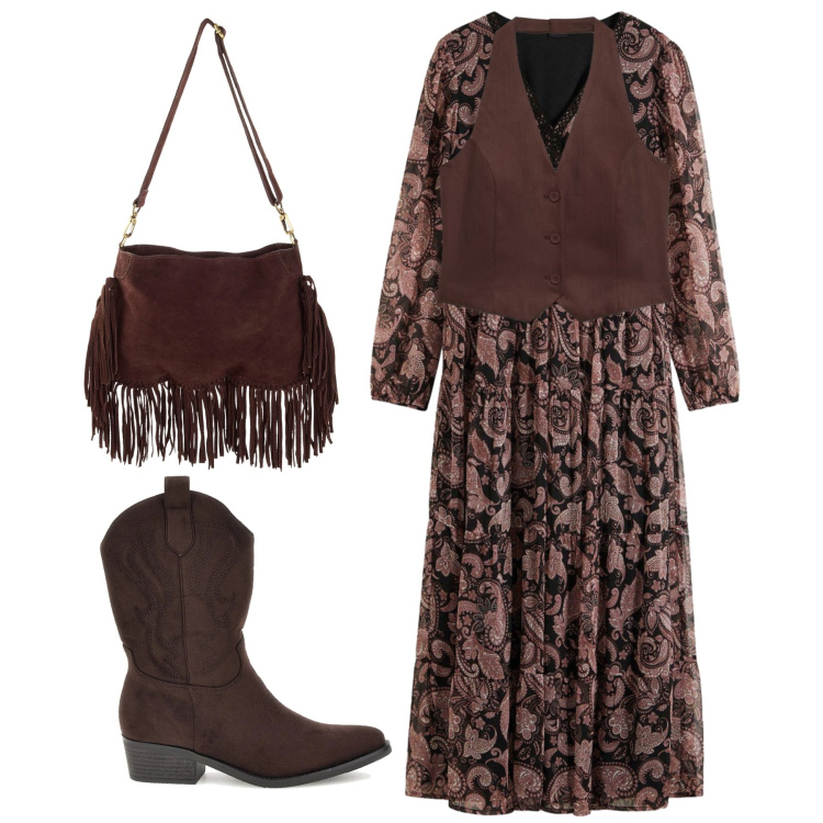 Outfit donna - Autunno boho. Stile Boho per Tutti i giorni. Abbinamento con gilet, borse a tracolla, vestiti lunghi, stivaletti texani.