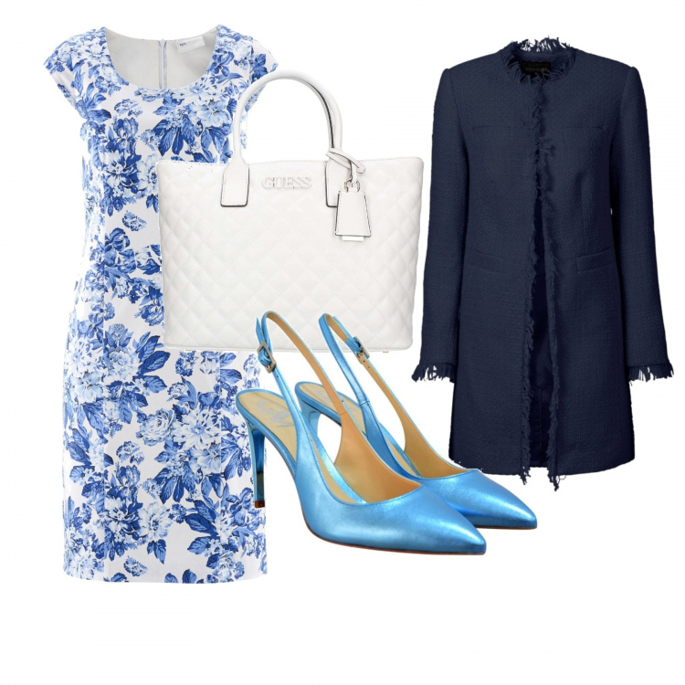 Outfit donna - Total look #249965. Abbinamento con blazer, vestito a tubino, sandali con cinturino effetto laminato, borsa a tracolla con zip in ecopelle.