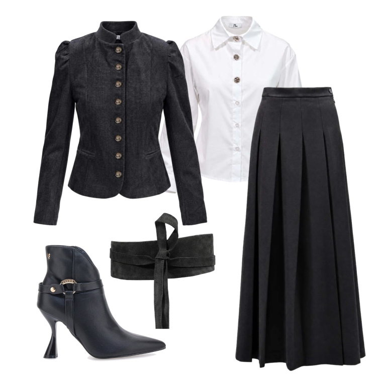 Outfit donna - Ottobre. Stile Chic per Tutti i giorni. Abbinamento con gonne lunghe, cinture, camicie, blazer, stivaletti.