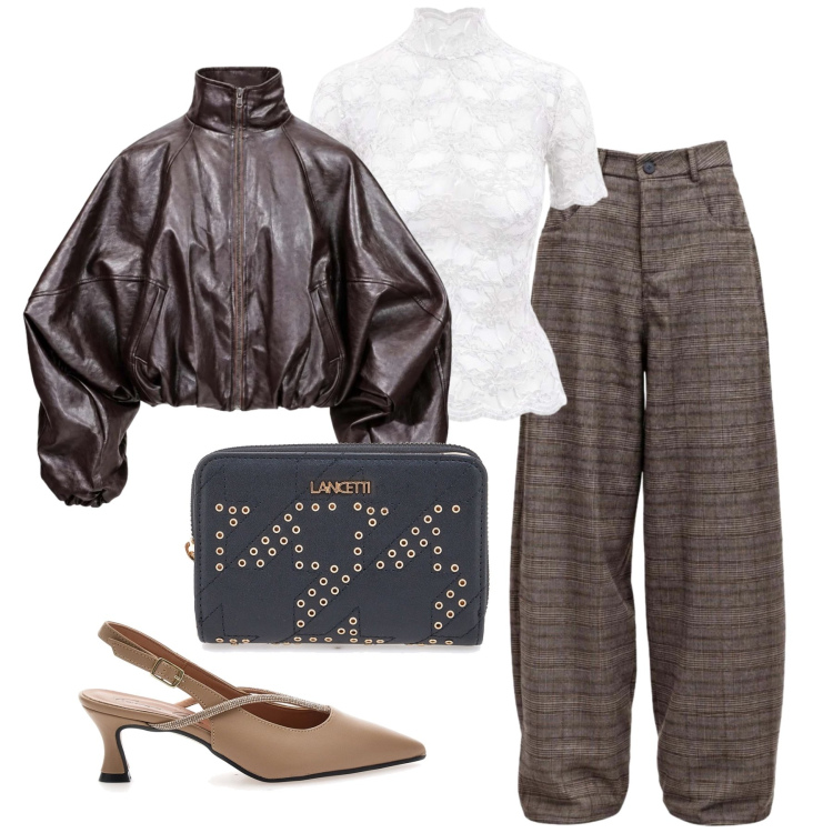 Outfit donna - Ottobre. Stile Casual chic per Tutti i giorni. Abbinamento con pantaloni, bomber, top, portafogli, décolleté.