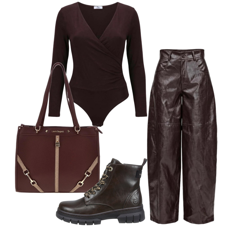 Outfit donna - Ottobre. Stile Trendy per Tutti i giorni. Abbinamento con body, pantaloni a palazzo, anfibi, borse a spalla.