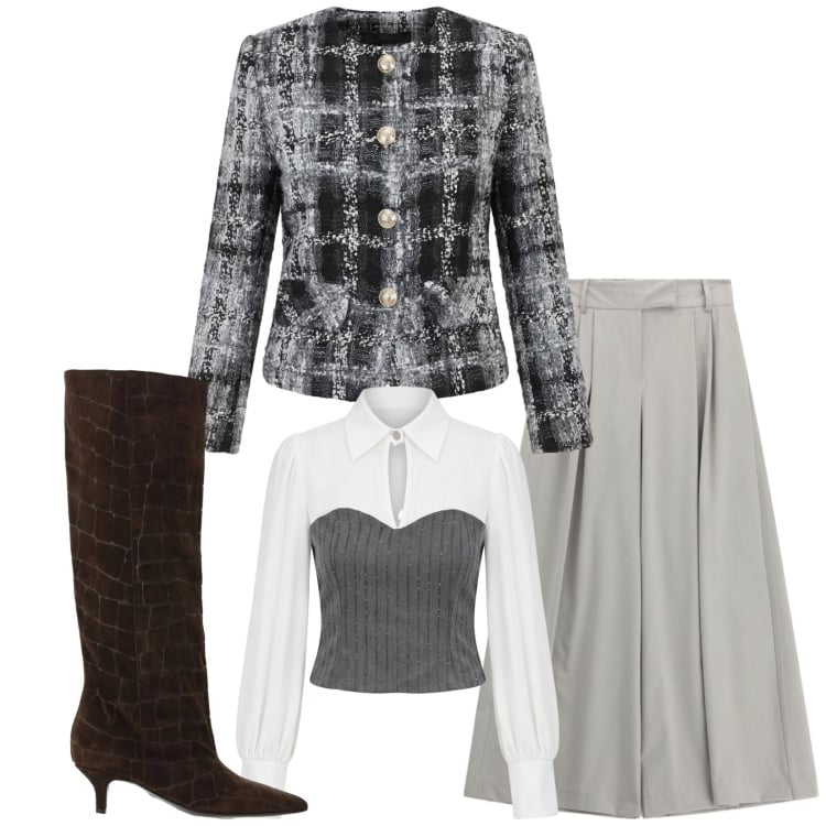 Outfit donna - Total look #2499662. Stile Chic per Serata fuori. Abbinamento con pantaloni a palazzo, stivali, blazer, bluse.