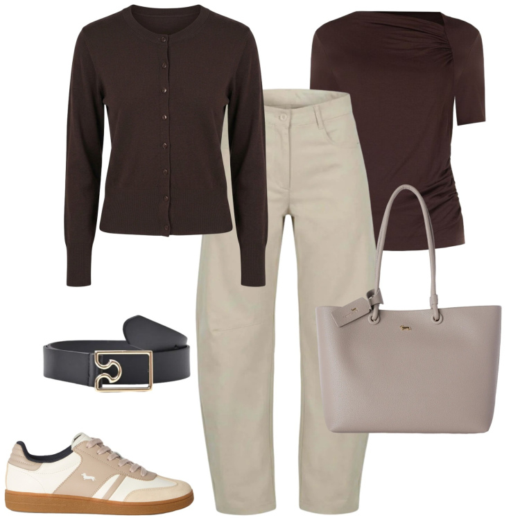 Outfit donna - Ottobre. Stile Casual chic per Tutti i giorni. Abbinamento con pantaloni, sneakers, shopping bag, t-shirt, cardigans, cinture.