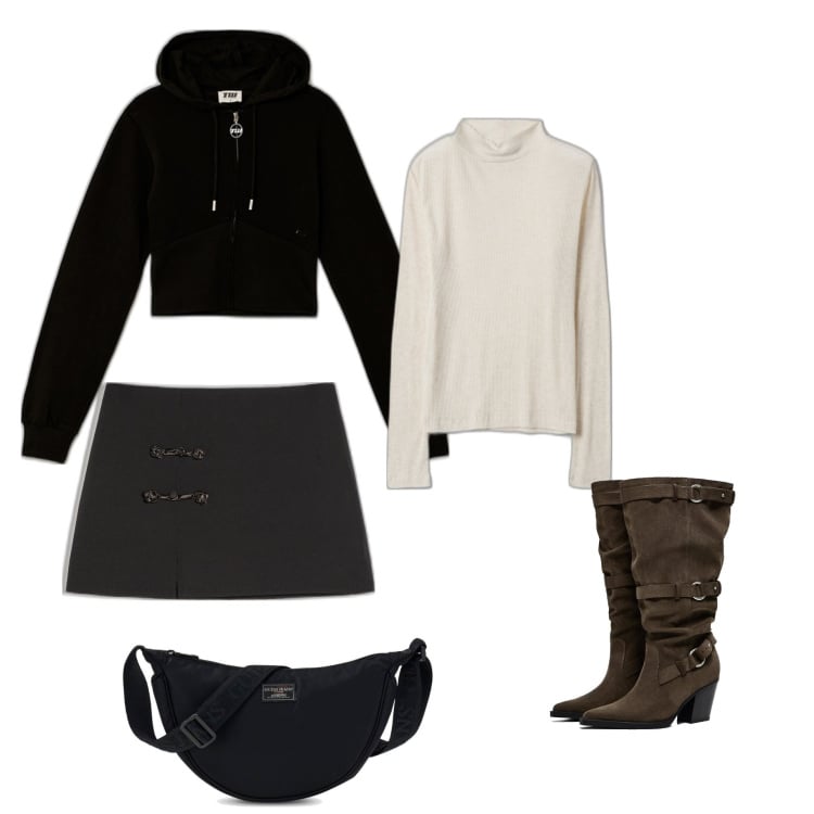 Outfit mujer - Casual #10685. Estilo Casual para Todos los días. Combinación con faldas, bolsos de hombro, botas, camiseta, sudaderas con capucha.