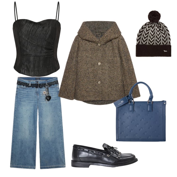 Outfit donna - Casual chic. per Ufficio. Abbinamento con borse a mano, berretti, jeans, blazer, mocassini, top.