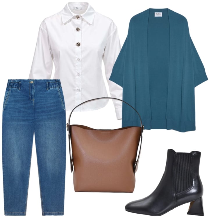 Outfit donna - Total look #2499682. Stile Casual chic per Tutti i giorni. Abbinamento con camicie, jeans, cardigans, borse a mano, stivaletti.