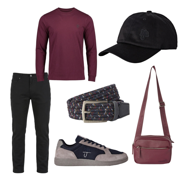 Outfit uomo - Daily Burgundy Vibe. Stile Casual Abbinamento con borse sportive, pantaloni, cinture, sneakers, cappelli con visiera, t-shirt.