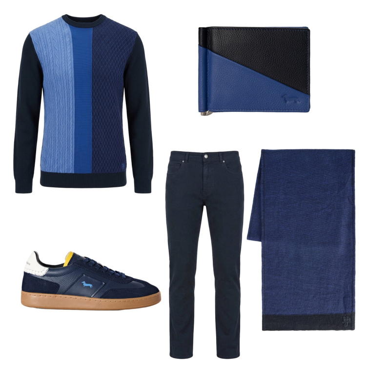 Outfit uomo - Blu e nero. Stile Business/Elegante Abbinamento con sneakers, portafogli, sciarpe, pantaloni, maglieria.