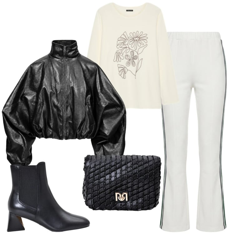 Outfit donna - Casual sportiva. Stile Casual per Tutti i giorni. Abbinamento con bomber, pantaloni, t-shirt, borse a tracolla, stivaletti.