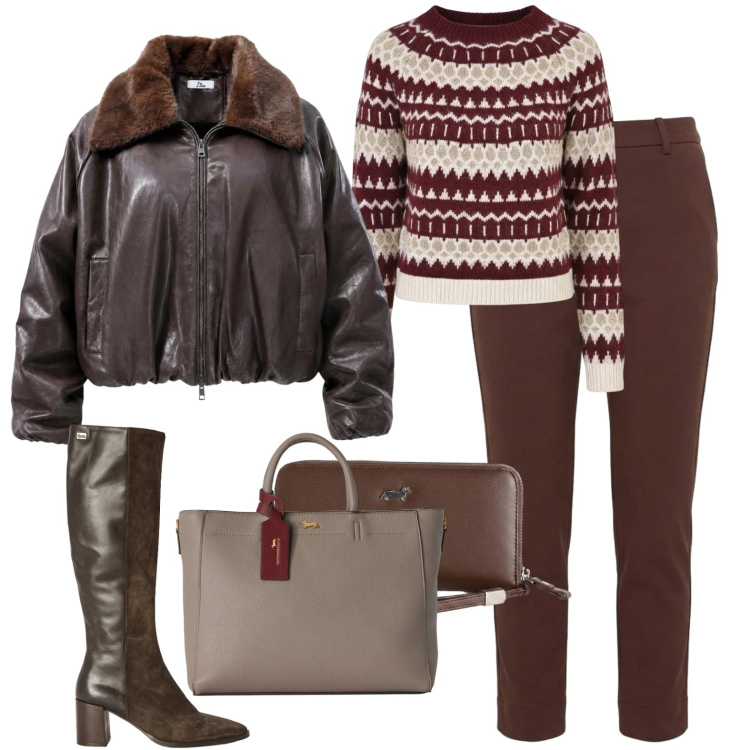 Outfit donna - Ottobre. Stile Casual per Tutti i giorni. Abbinamento con bomber, borse a mano, portafogli, stivali, pantaloni, maglieria.