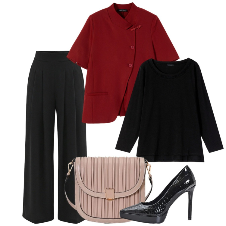 Outfit donna - Ottobre. Stile Chic per Ufficio. Abbinamento con blazer, t-shirt, pantaloni a palazzo, borse a tracolla, décolleté.