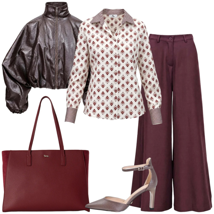 Outfit donna - Total look #2499700. Stile Chic per Ufficio. Abbinamento con pantaloni a palazzo, camicie, bomber, shopping bag, décolleté.