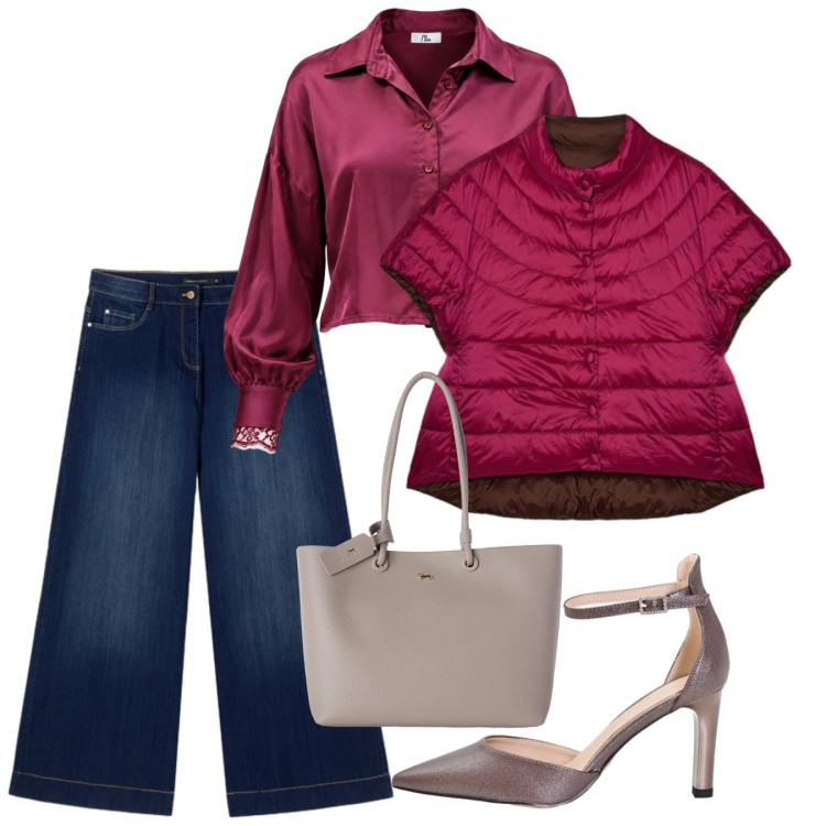 Outfit donna - A cena fuori. Stile Casual chic per Serata fuori. Abbinamento con camicie, shopping bag, jeans, piumini, décolleté.