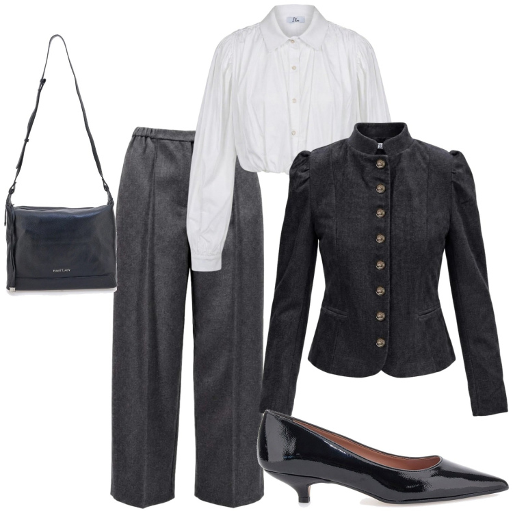 Outfit donna - I am. Stile Casual chic per Tutti i giorni. Abbinamento con blazer, pantaloni, camicie, décolleté, borse a tracolla.