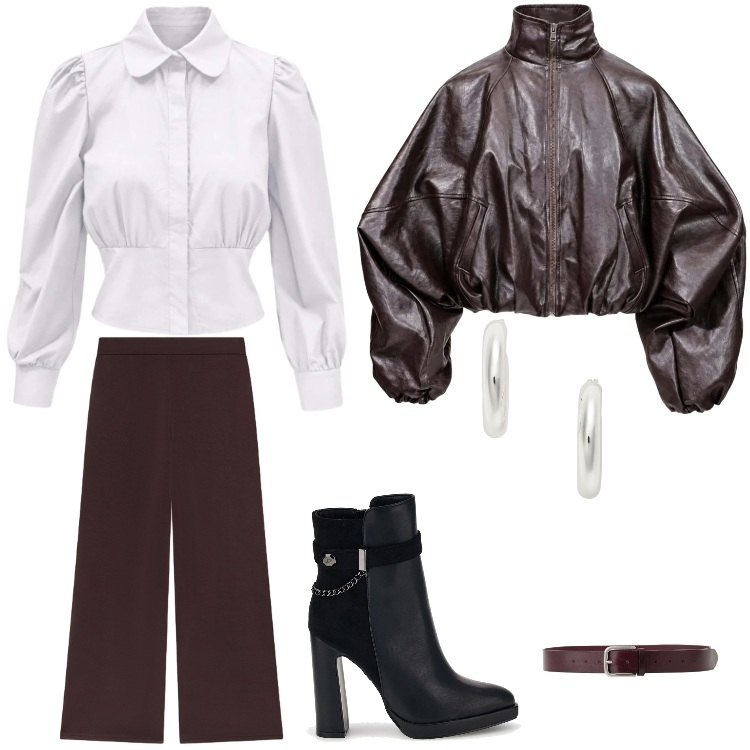 Outfit donna - Sobria eleganza. Stile Trendy per Tutti i giorni. Abbinamento con bomber, camicie, pantaloni, orecchini, cinture, stivaletti.