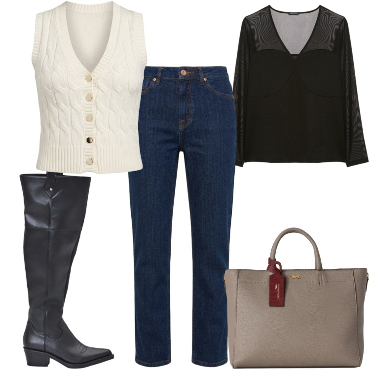 Outfit donna - Total look #2499721. Stile Casual per Tutti i giorni. Abbinamento con borse a mano, jeans, maglieria, t-shirt, stivali.
