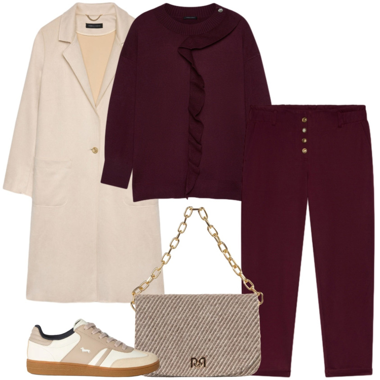 Outfit donna - Fiorella Rubino - La maglia con volant. Stile Casual chic per Tutti i giorni. Abbinamento con sneakers, maglieria, cappotti, pantaloni, borse a spalla.