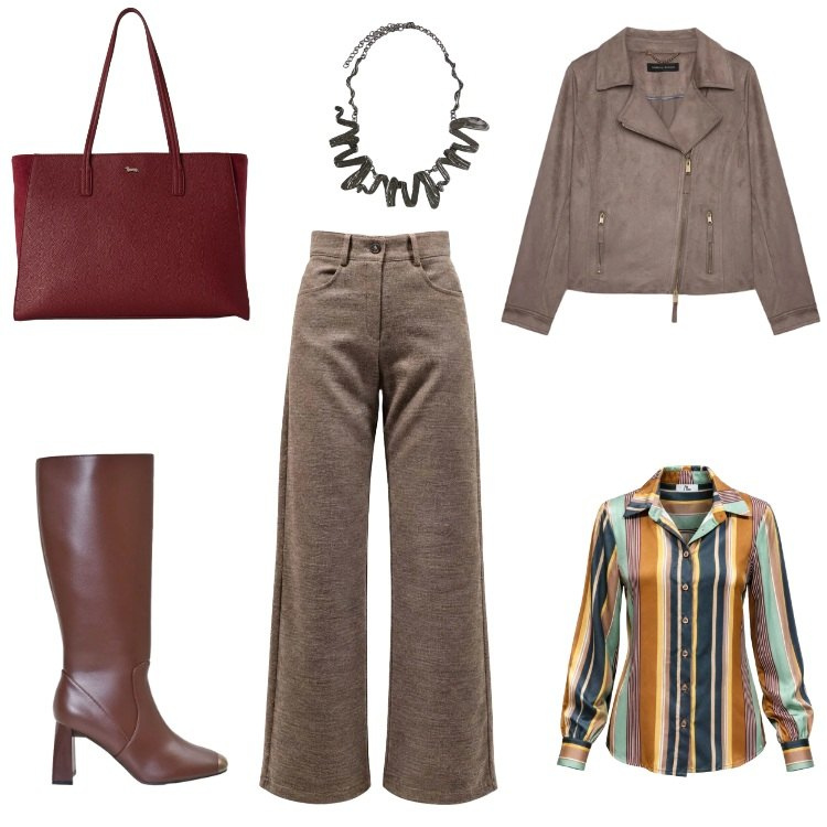 Outfit donna - Una camicia per rallegrare l'autunno. Stile Casual chic per Tutti i giorni. Abbinamento con pantaloni, camicie, shopping bag, giacche, ciondoli, stivali sopra il ginocchio.