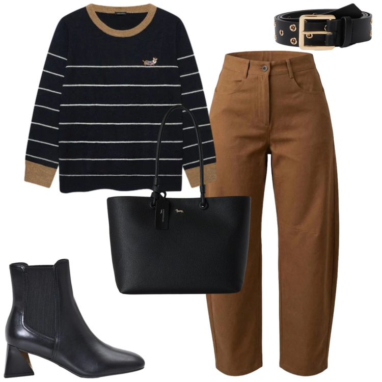 Outfit donna - Ottobre. Stile Casual chic per Tutti i giorni. Abbinamento con pantaloni, shopping bag, cinture, maglieria, stivaletti.