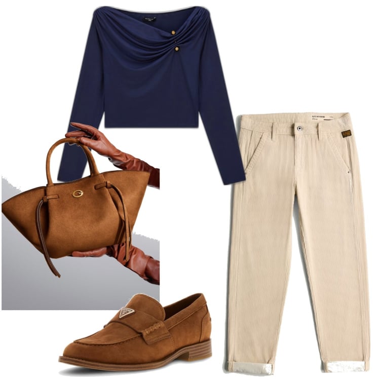 Outfit mujer - Urban look. Estilo Urban para Todos los días. Combinación con mocasines, bolsos de mano, top, pantalones.