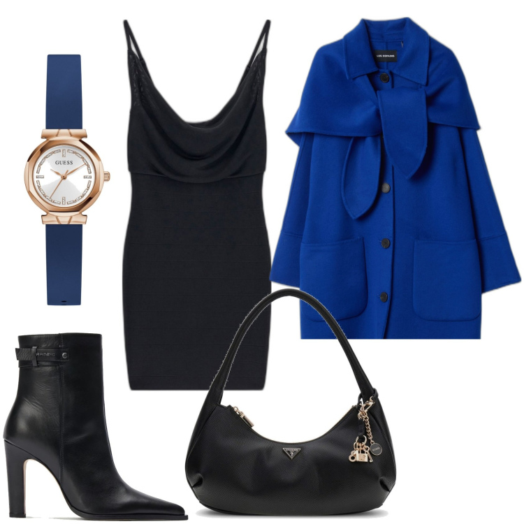 Outfit mujer - Minimal look. Estilo Minimal para Noche/Fiesta elegante. Combinación con vestidos cortos, bolsos de hombro, relojes analógicos, botas, capas.