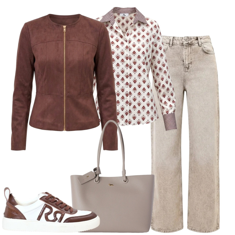 Outfit donna - Ottobre. Stile Casual chic per Tutti i giorni. Abbinamento con camicie, shopping bag, sneakers, jeans dritti, blazer.