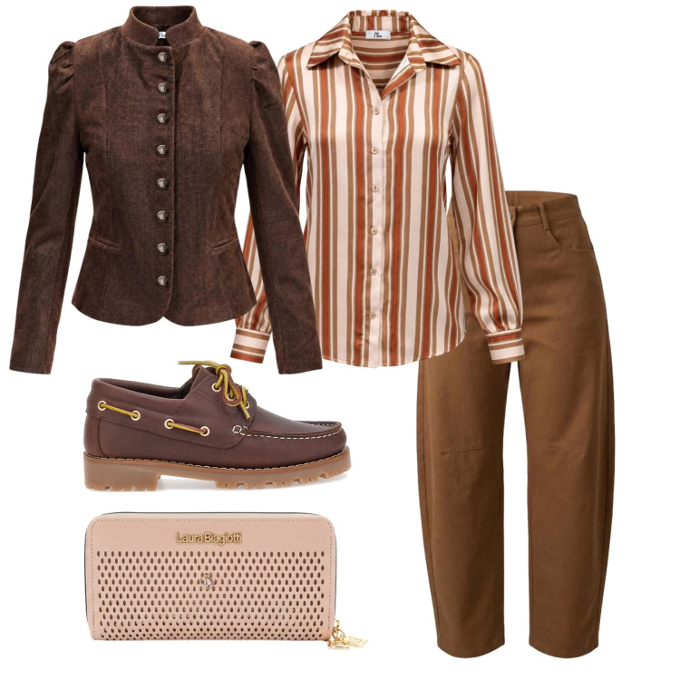 Outfit donna - Ottobre. Stile Casual chic per Tutti i giorni. Abbinamento con blazer, pantaloni, camicie, portafogli, mocassini.