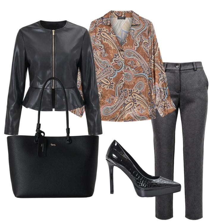 Outfit donna - Ottobre. Stile Casual chic per Ufficio. Abbinamento con pantaloni, shopping bag, bluse, décolleté, giacche.