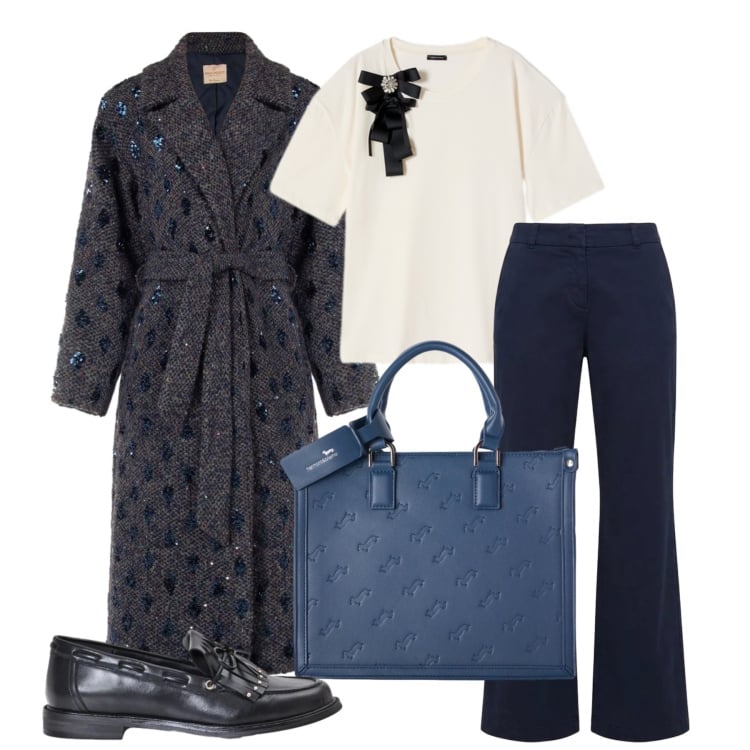 Outfit donna - Ottobre. Stile Casual chic per Tutti i giorni. Abbinamento con pantaloni, borse a mano, t-shirt, mocassini, cappotti.