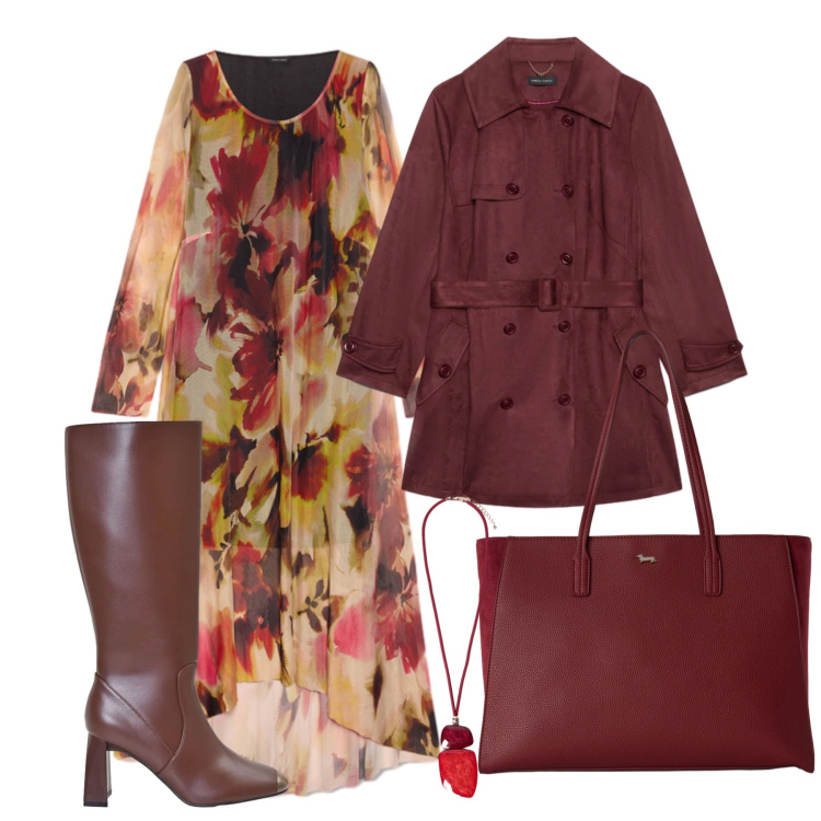 Outfit donna - Ottobre. Stile Casual chic per Tutti i giorni. Abbinamento con shopping bag, ciondoli, trench, vestiti lunghi, stivali sopra il ginocchio.