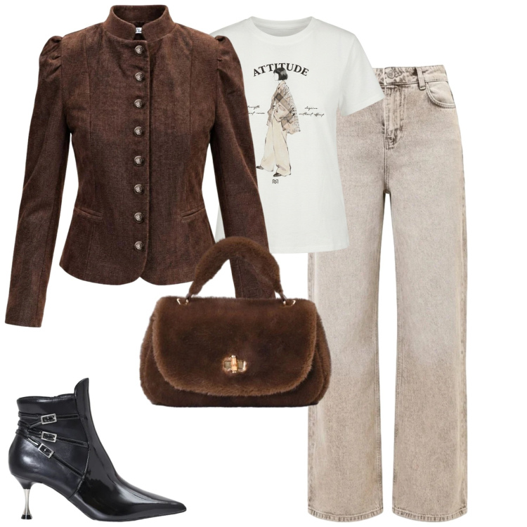 Outfit donna - Total look #2499748. Stile Casual chic per Tutti i giorni. Abbinamento con blazer, t-shirt, borse a mano, stivaletti, jeans dritti.