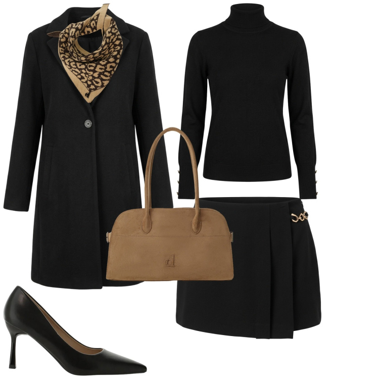 Outfit donna - Black scorpio. Stile Minimal per Tutti i giorni. Abbinamento con décolleté, foulard, borse a spalla, gonne, cappotti, pullovers.