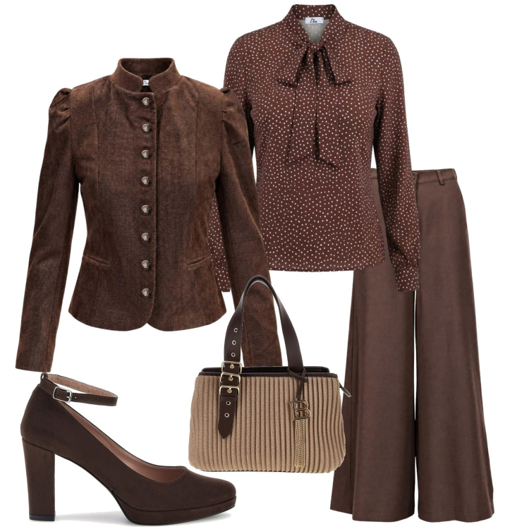 Outfit donna - Autunno con I AM. Stile Casual chic per Ufficio. Abbinamento con bluse, blazer, pantaloni a palazzo, décolleté, borse a mano.