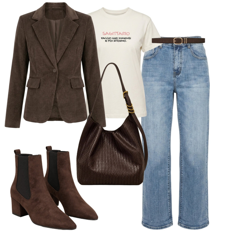Outfit donna - Aperitivo glam. Stile Casual chic per Serata fuori. Abbinamento con jeans a zampa, t-shirt, borse a spalla, stivaletti, blazer, cinture.