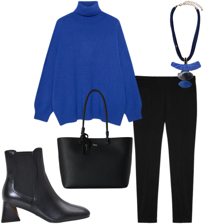 Outfit donna - In ufficio. Stile Basic per Ufficio. Abbinamento con shopping bag, pullovers, ciondoli, leggings, stivaletti.