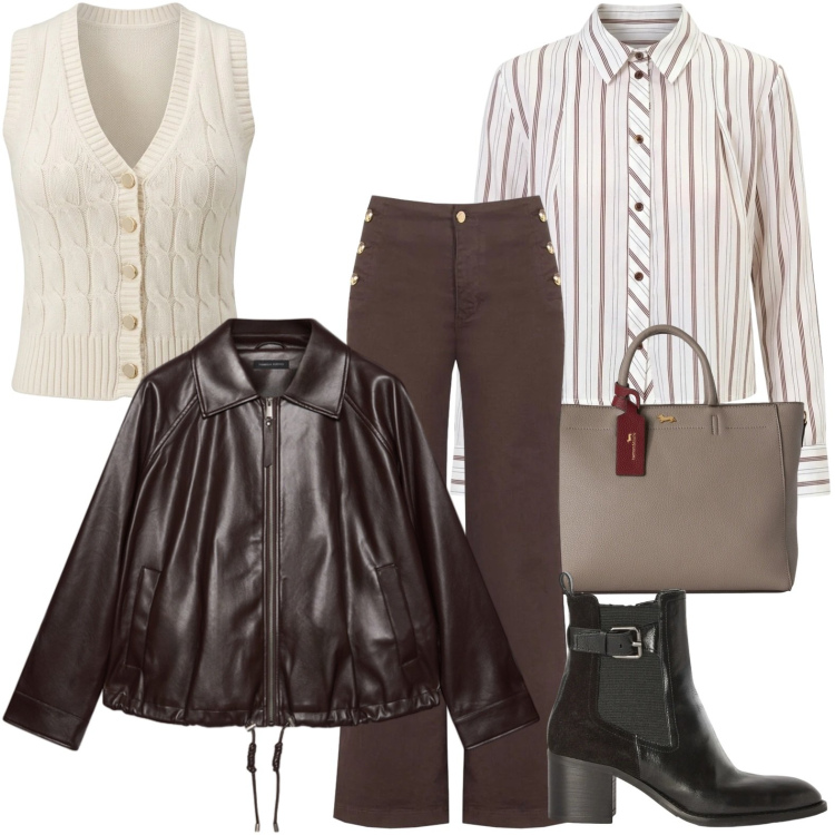Outfit donna - Casual ottobre. Stile Casual per Tutti i giorni. Abbinamento con borse a mano, stivaletti, maglieria, giacche, camicie, pantaloni.