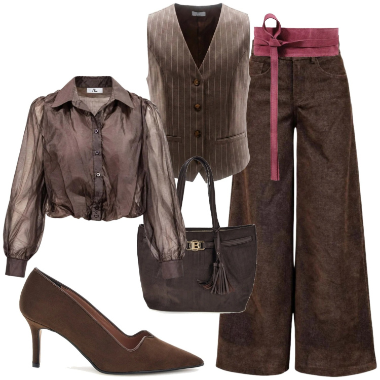 Outfit donna - I Am. Stile Casual chic per Tutti i giorni. Abbinamento con cinture, pantaloni a palazzo, camicie, gilet, décolleté, shopping bag.