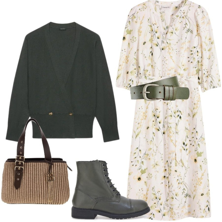 Outfit donna - Brunch domenicale. Stile Boho per Tutti i giorni. Abbinamento con cardigans, stivaletti, vestiti, cinture, borse a mano.