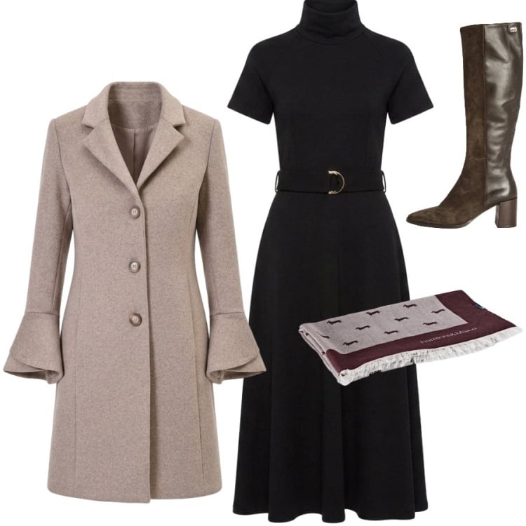 Outfit donna - Total look #2499773. Stile Chic per Serata fuori. Abbinamento con vestiti midi/longuette, stivali, sciarpe, cappotti.