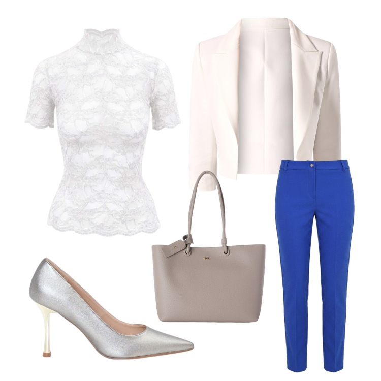 Outfit donna - Primo freddo prima maglia. Stile Mannish per Cerimonia. Abbinamento con top, shopping bag, blazer, décolleté, pantaloni.