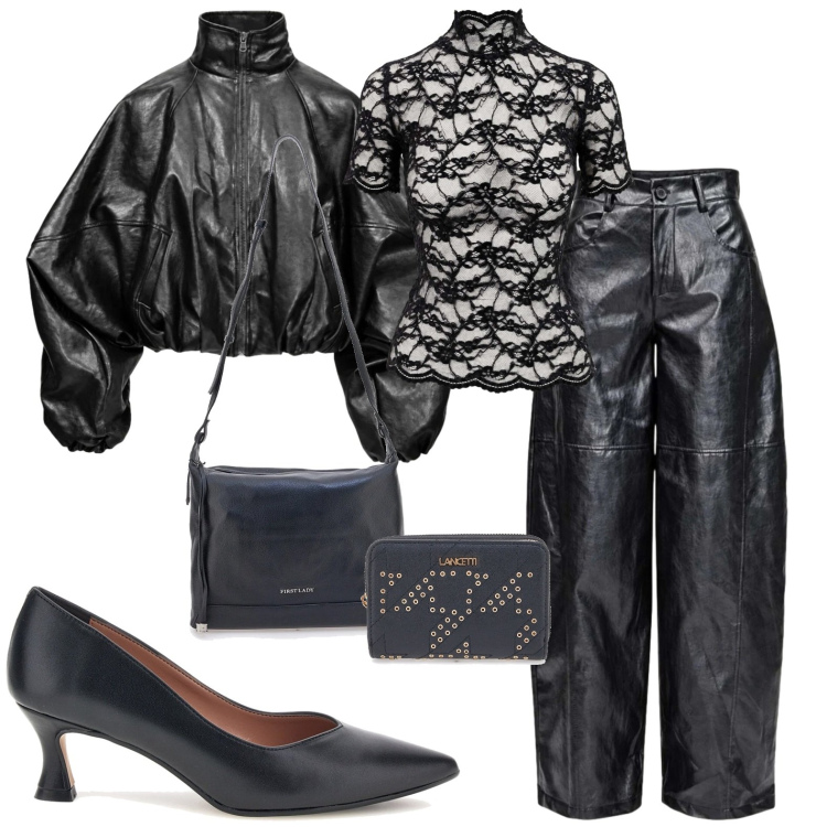 Outfit donna - I Am. Stile Casual chic per Tutti i giorni. Abbinamento con bomber, top, pantaloni a palazzo, portafogli, borse a tracolla, décolleté.