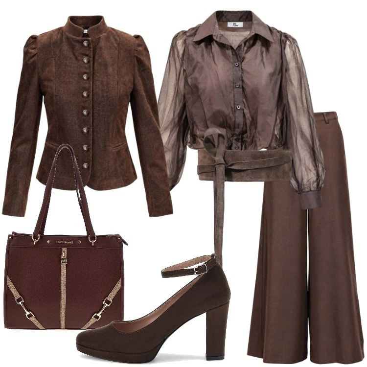 Outfit donna - Racconta il tuo autunno con I AM. Stile Romantica per Serata fuori. Abbinamento con pantaloni a palazzo, blazer, cinture, camicie, décolleté, borse a spalla.