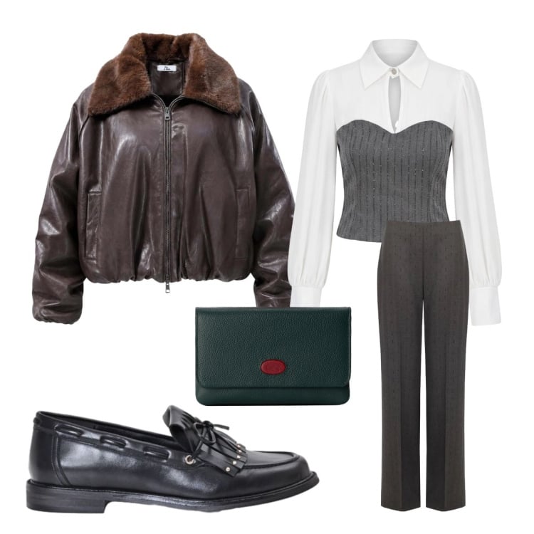 Outfit donna - Bomber ampio e morbido. Stile Urban per Ufficio. Abbinamento con bomber, portafogli, bluse, mocassini, pantaloni.