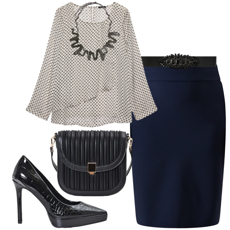 Outfit donna - Serata. Stile Chic per Serata fuori. Abbinamento con bluse, ciondoli, cinture, gonne, borse a tracolla, décolleté.