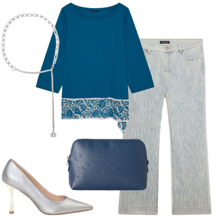 Outfit donna - Semplicità. Stile Casual chic per Tutti i giorni. Abbinamento con pochette, jeans, t-shirt, décolleté, cinture.