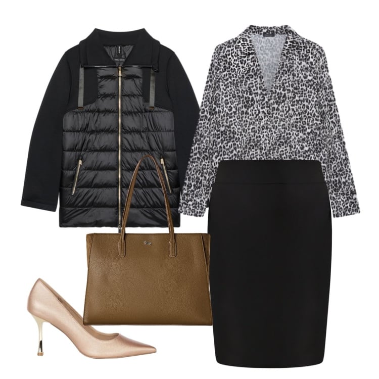 Outfit donna - Ottobre. Stile Casual chic per Ufficio. Abbinamento con shopping bag, bluse, piumini, gonne, décolleté.