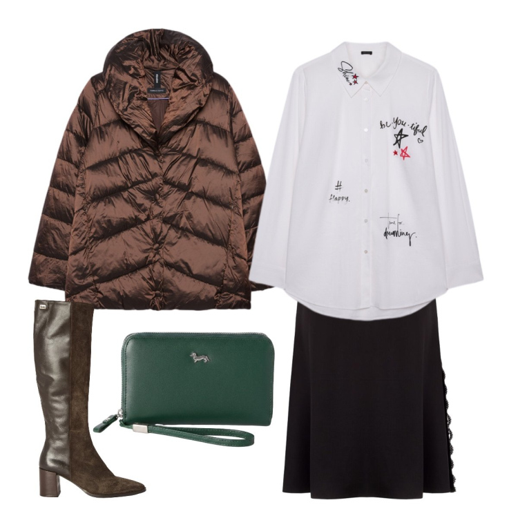 Outfit donna - Ottobre curvy. Stile Basic per Scuola/Università. Abbinamento con stivali, portafogli, piumini, camicie, gonne longuette.