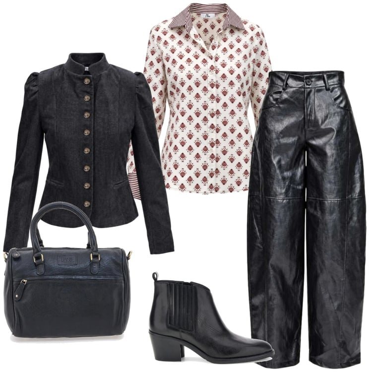 Outfit donna - Autunno. per Ufficio. Abbinamento con camicie, blazer, pantaloni a palazzo, borse a tracolla, stivaletti texani.